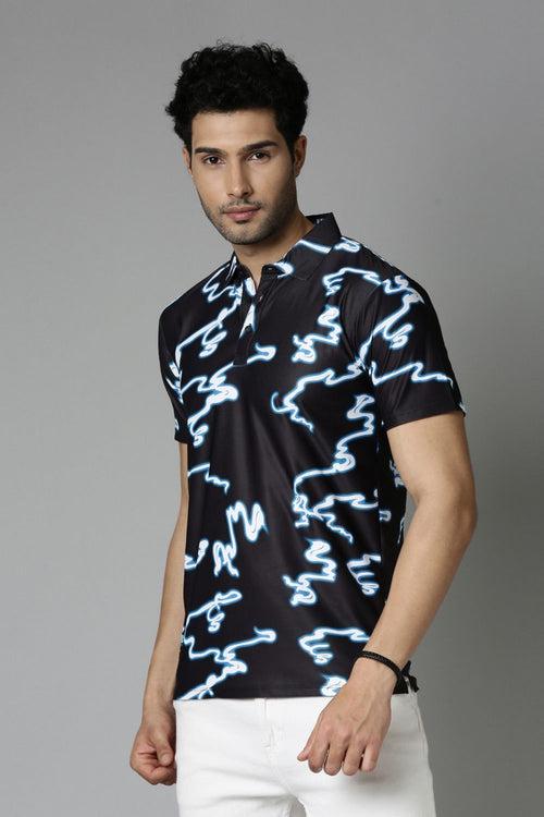 Midnight-Black Printed Polo T-Shirt