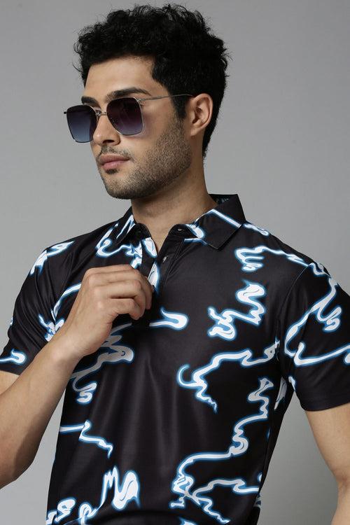 Midnight-Black Printed Polo T-Shirt