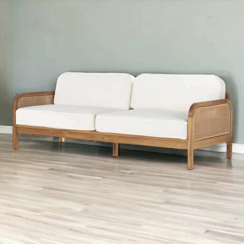 Modern Rattan Sofa: Teak Frame & Woven Panels (Shop Now)