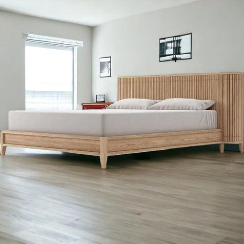 Luxurious Teak Wood Bed Design with Fluted Headboard and Built-in Bedside Tables