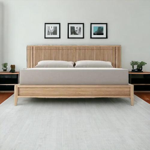 Luxurious Teak Wood Bed Design with Fluted Headboard and Built-in Bedside Tables