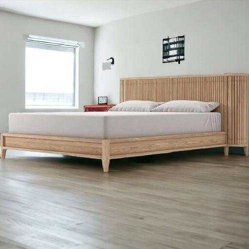 Luxurious Teak Wood Bed Design with Fluted Headboard and Built-in Bedside Tables