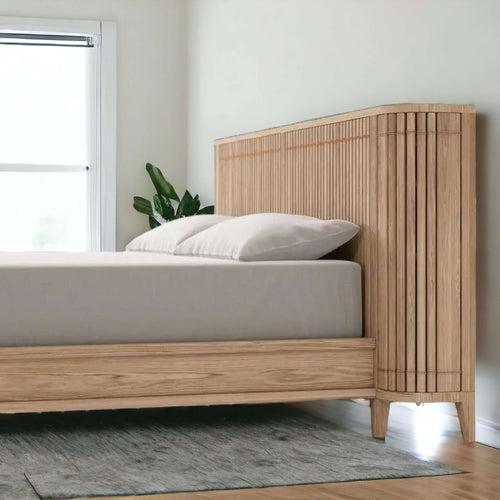 Luxurious Teak Wood Bed Design with Fluted Headboard and Built-in Bedside Tables