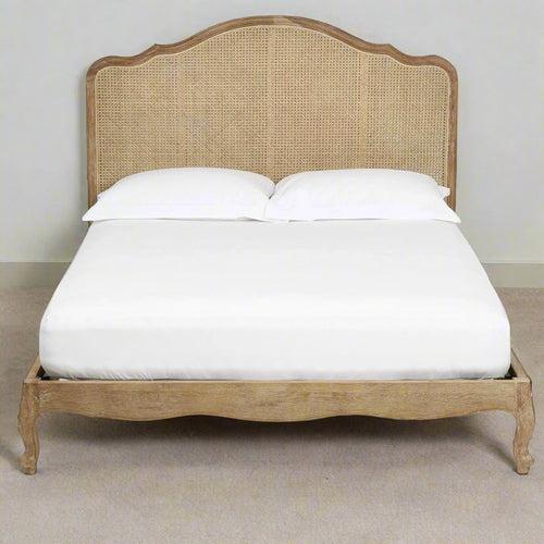 Teak Wood Bed with Rattan Accents | French Country Elegance