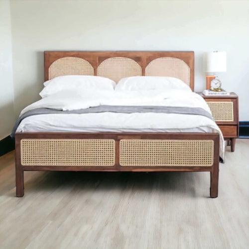 Custom Teak Scandinavian Bed with Natural Wicker Headboard