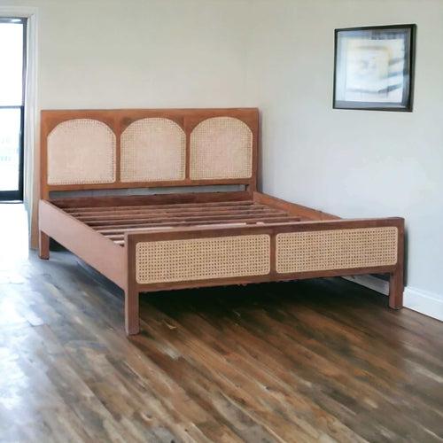 Custom Teak Scandinavian Bed with Natural Wicker Headboard