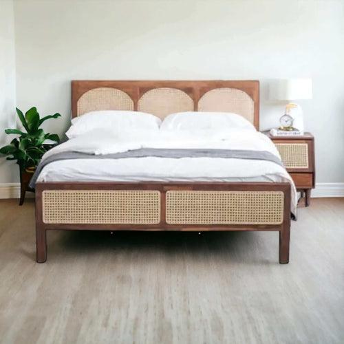 Custom Teak Scandinavian Bed with Natural Wicker Headboard