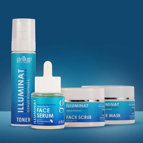 Illuminat Korean Glass Finish Skincare Combo: Toner, Serum, Face Scrub & Mask with Blue Water Extract