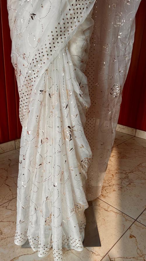 Ruhani Ivory Pure Organza Saree with Allover Badla and Mukaish Work