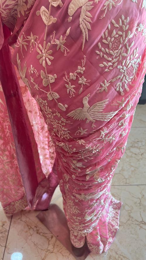 Pink Parsi Gara Hand Embroidered Saree