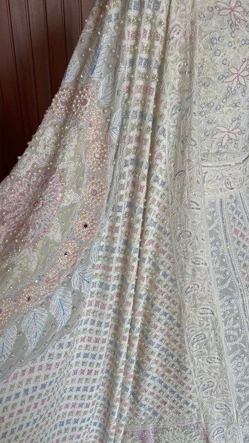 Ruhani Ivory Chikankari Mirror Multicolored Cut Dana Sequins Wedding Lehenga