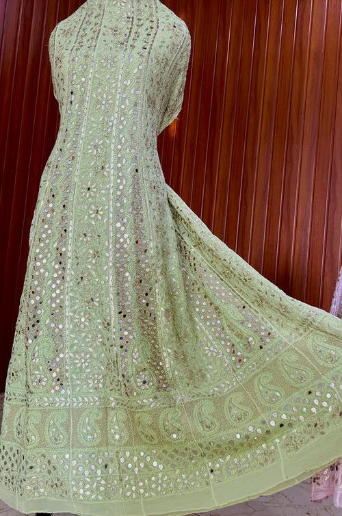 Lime Green Chikankari Mirror Gota Patti Anarkali with Dupatta