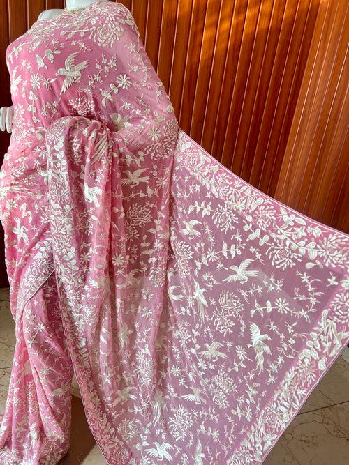 Pink Parsi Gara Hand Embroidered Saree