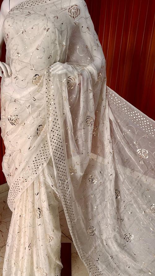 Ruhani Ivory Pure Organza Saree with Allover Badla and Mukaish Work