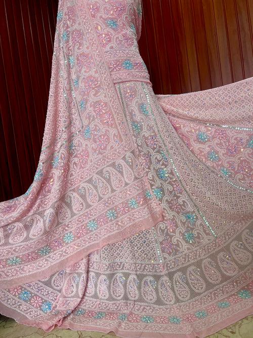 Peachy Pink Ruhani Chikankari Pearl Sequins Gota and Multicolored Aari Work Wedding Lehenga