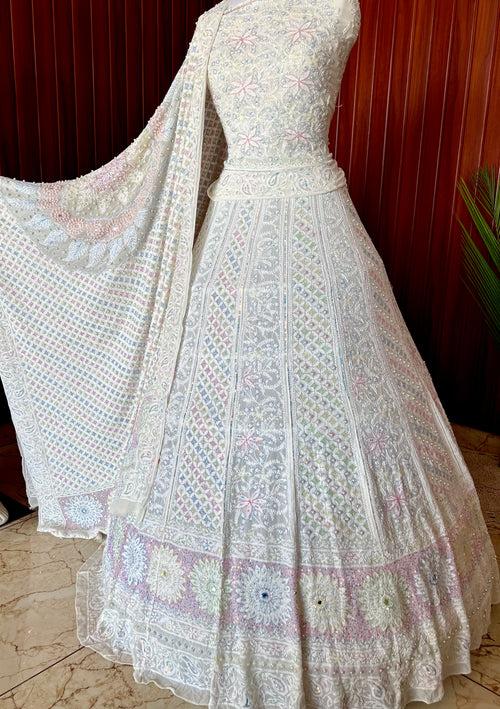 Ruhani Ivory Chikankari Mirror Multicolored Cut Dana Sequins Wedding Lehenga