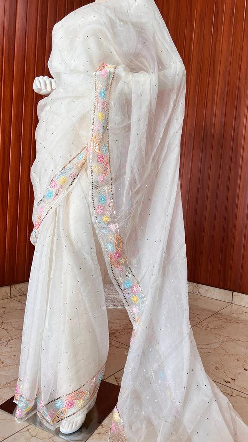 Ruhani Ivory Pure Organza Saree with Allover Mukaish and multicolored border