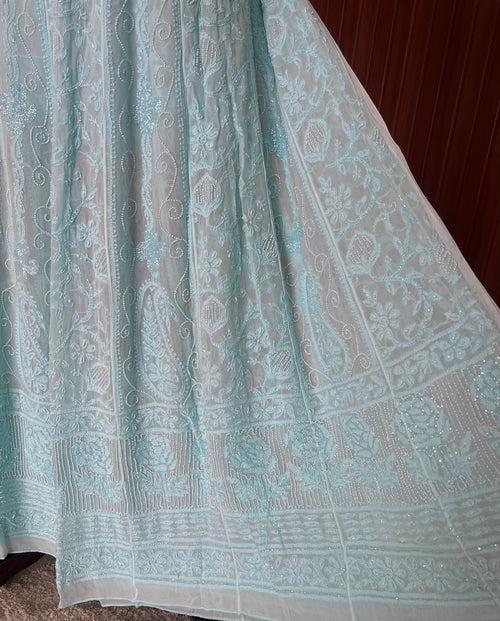 Sea Green Chikankari Pearl Cut Dana Embroidered Anarkali with Dupatta