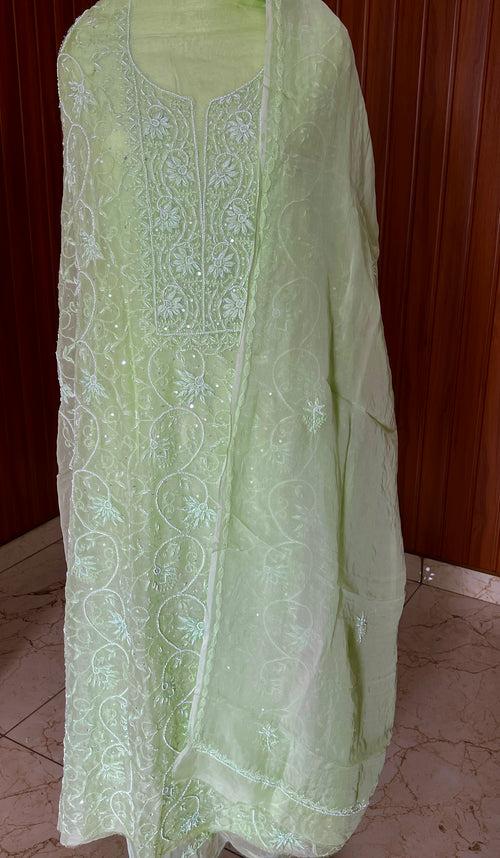 Lime green Chikankari and pearl work Organza kurta with dupatta