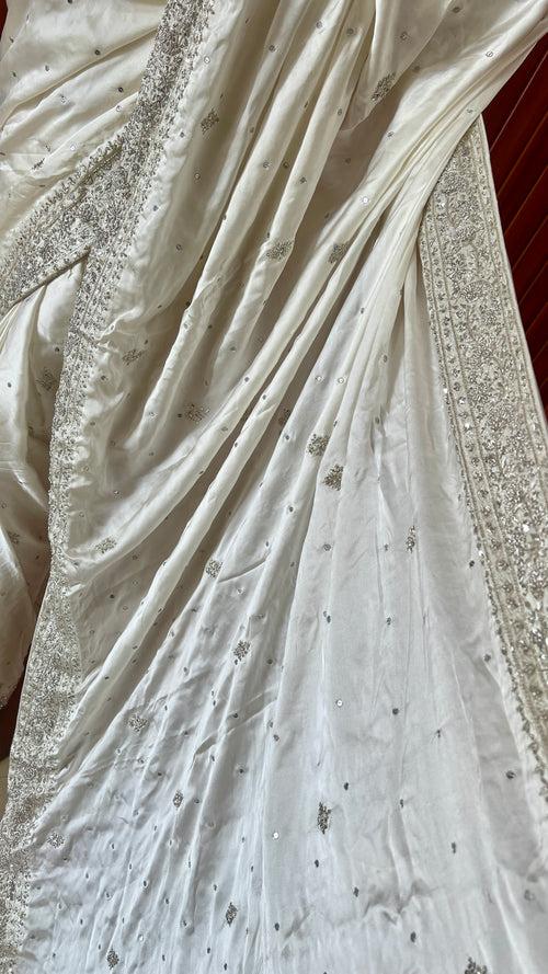 Ruhani Ivory Hand Embroidered Zardozi Pure Satin Crepe Saree