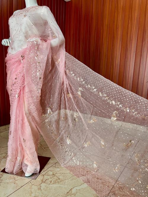 Ruhani Blush Pink Pure Organza Saree with Badla and Mukaish Work