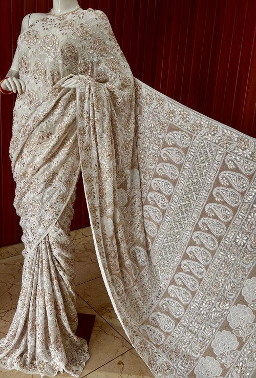 Ruhani Chikankari Saree with Gota Patti Sequins Pearl and Aari Embroidery