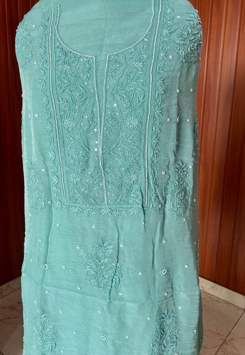 Ocean blue Chikankari and pearl work Organza kurta with dupatta