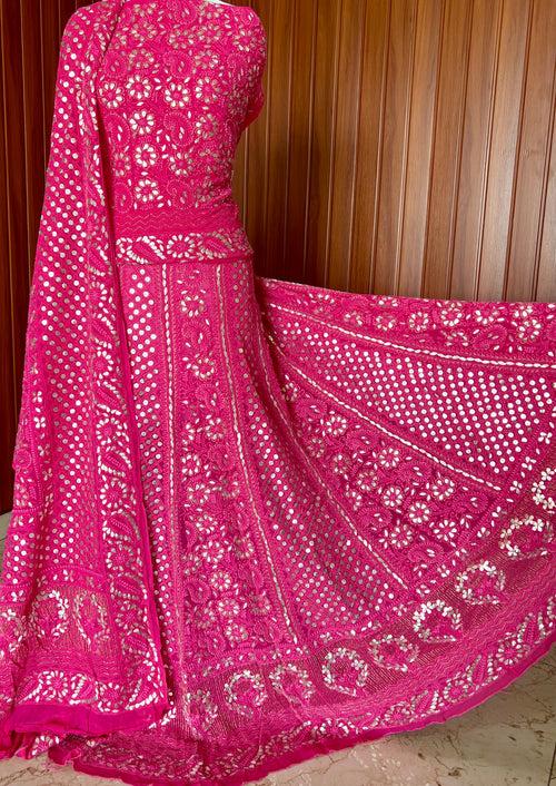 Hot Pink Chikankari and Gota Patti Georgette Lehenga Set