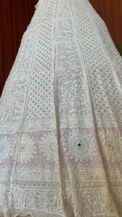 Ruhani Ivory Chikankari Mirror Multicolored Cut Dana Sequins Wedding Lehenga