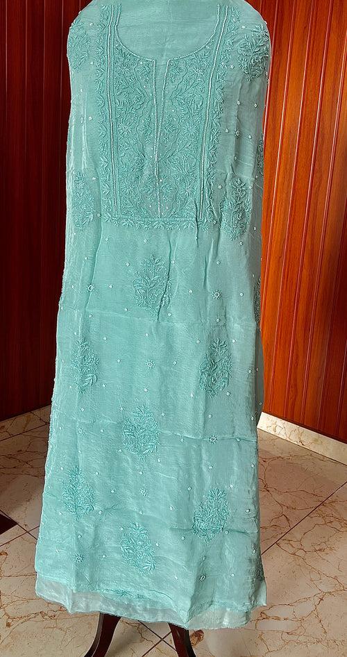 Ocean blue Chikankari and pearl work Organza kurta with dupatta