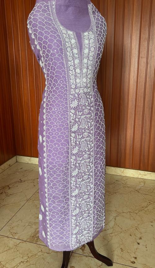 Purple Mulmul fine Chikankari & pearl work kurta & dupatta set