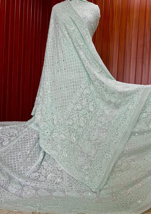 Mint Green Chikankari Pearl  and Sequins Wedding Lehenga