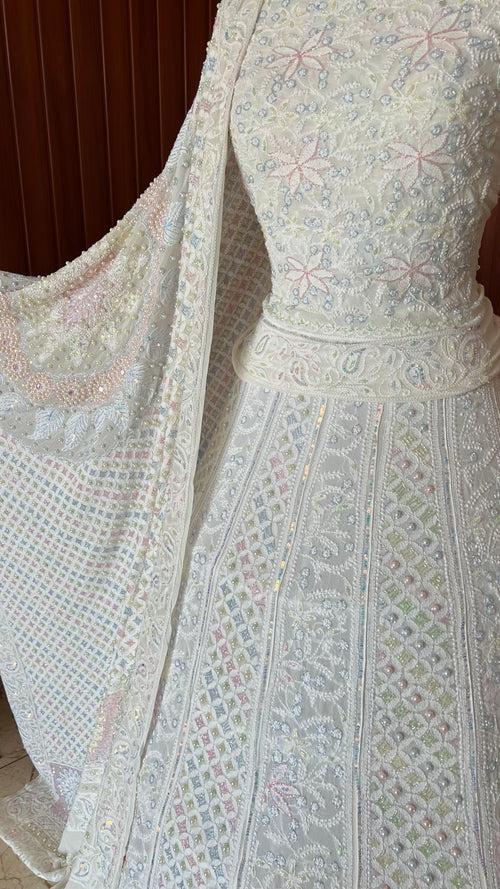 Ruhani Ivory Chikankari Mirror Multicolored Cut Dana Sequins Wedding Lehenga