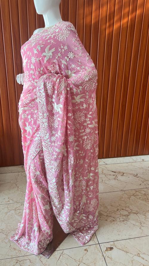 Pink Parsi Gara Hand Embroidered Saree