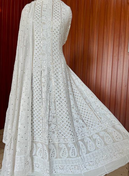 White allover Chikankari and heavy mukaish anarkali with dupatta