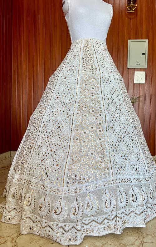 White lehenga skirt with allover Chikankari sequins and gota patti