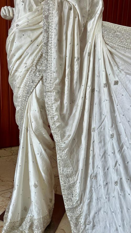 Ruhani Ivory Hand Embroidered Zardozi Pure Satin Crepe Saree