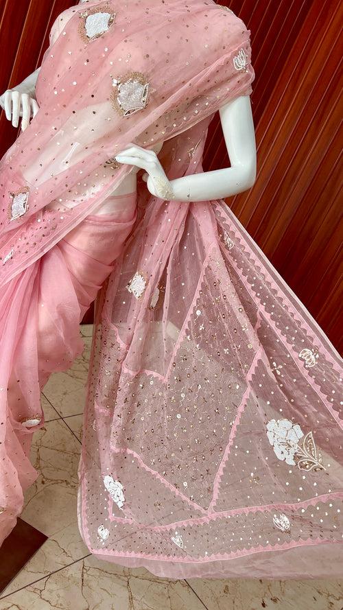 Ruhani pink Pure Organza Saree with pearl and Mukaish Work