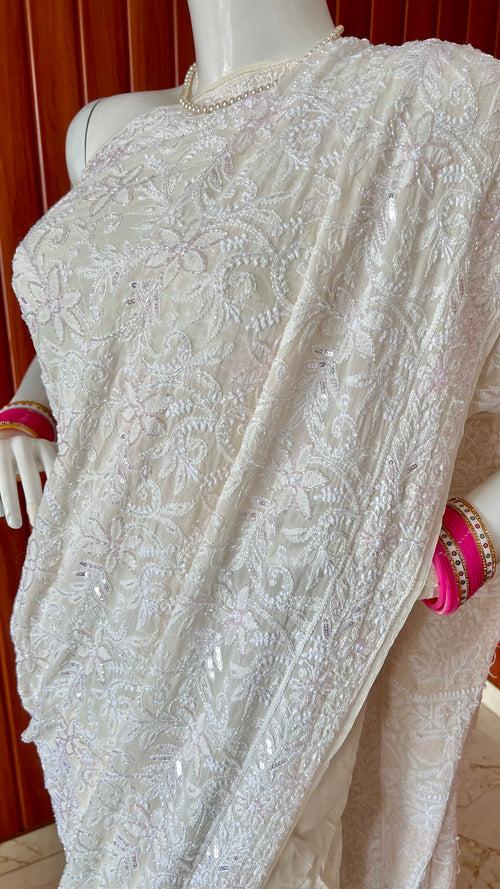 Ruhani Ivory Chikankari Cut Dana and Sequins Masterpiece Saree