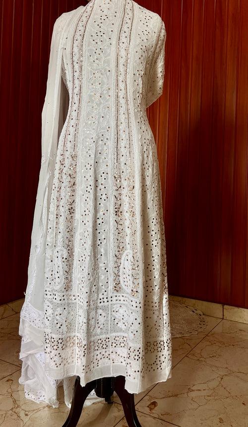 White allover Chikankari and heavy mukaish anarkali with dupatta