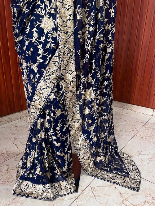 Midnight Blue Parsi Gara Hand Embroidered Saree