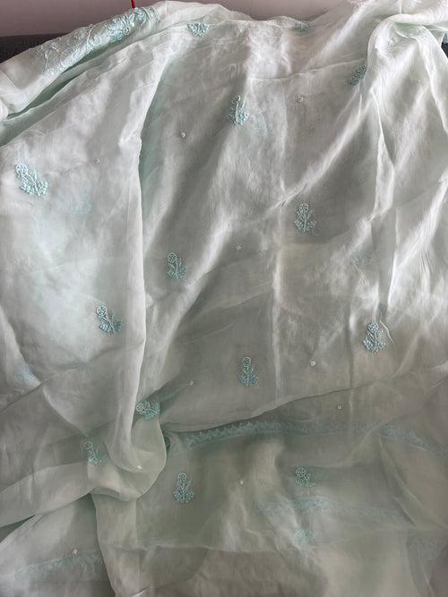 Light firozi Chikankari and pearl work Organza kurta with dupatta