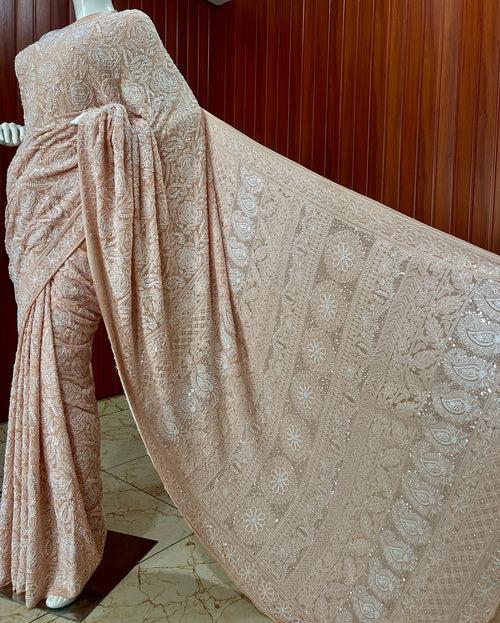 Ruhani  Old Rose Chikankari Cut Dana Pearl and Sequins Masterpiece Saree