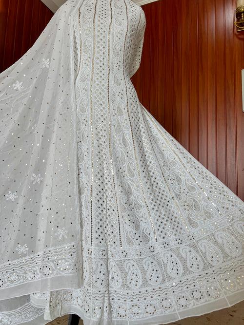 White allover Chikankari and heavy mukaish anarkali with dupatta