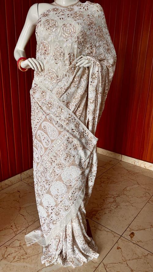 Ruhani Chikankari Saree with Gota Patti Sequins Pearl and Aari Embroidery