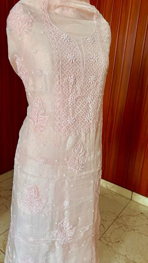 Peach Chikankari and pearl work Organza kurta with dupatta