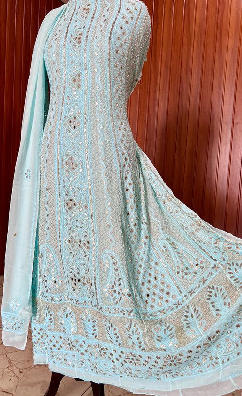 Light Firozi Chikankari Mirror Gota Patti Peal Anarkali with Dupatta