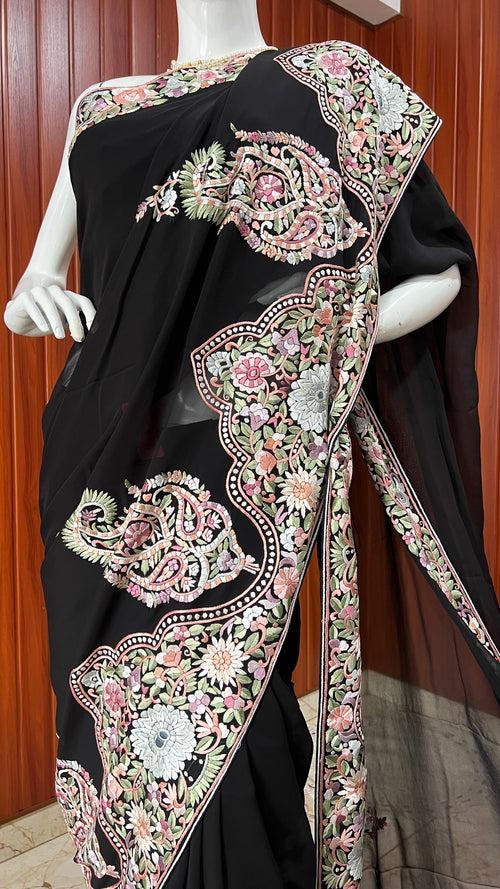 Black Masterpiece Parsi Gara Pure Georgette Saree