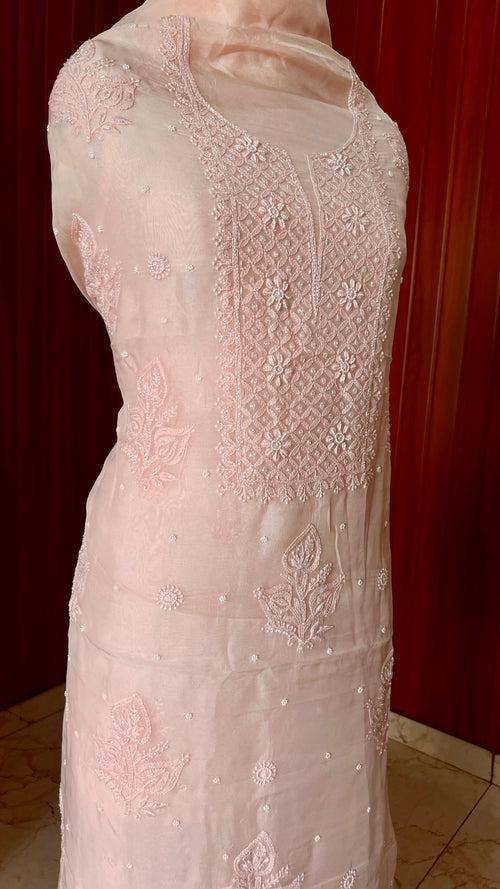 Peach Chikankari and pearl work Organza kurta with dupatta