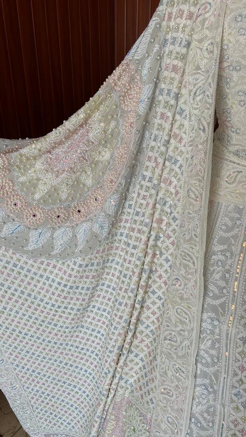 Ruhani Ivory Chikankari Mirror Multicolored Cut Dana Sequins Wedding Lehenga